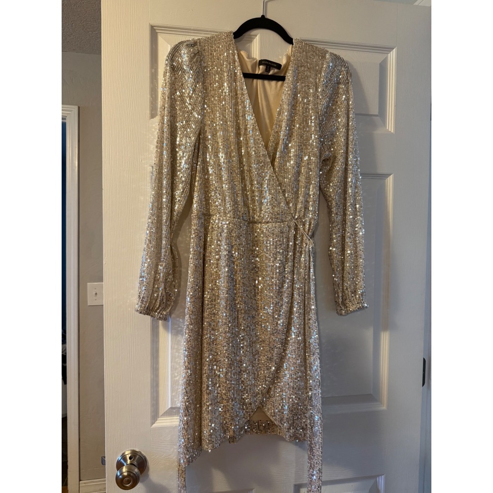 Ellen Weaver Gold Sequin Wrap Mini Dress Long Sleeve V-Neck Party Size Medium
